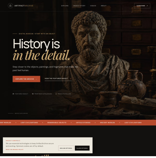 Full Artifact Archive website homepage featuring the History is in the detail hero